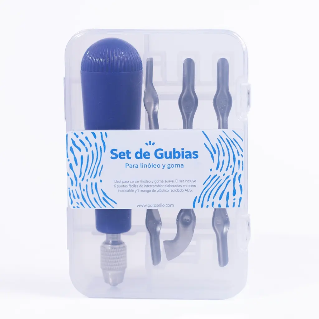 Set de gubias azul para linóleo y goma con estuche